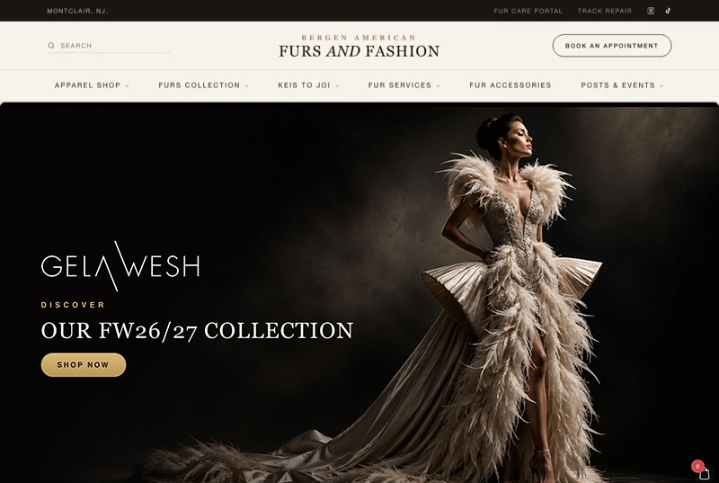 Homepage of Bergen American Furs and Fashion, Montclair, New Jersey.