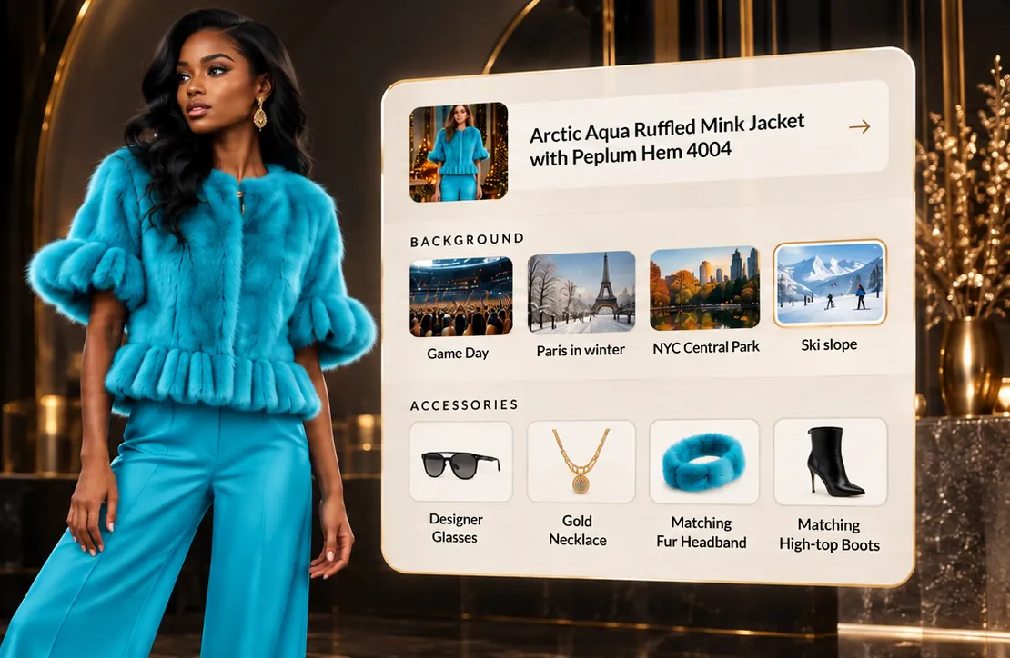 Virtual try-on: a customer wearing the Arctic Aqua Ruffled Mink Jacket, beside the try-on panel with background choices — Game Day, Paris in winter, NYC Central Park, Ski slope — and accessories: designer glasses, gold necklace, matching fur headband and high-top boots.